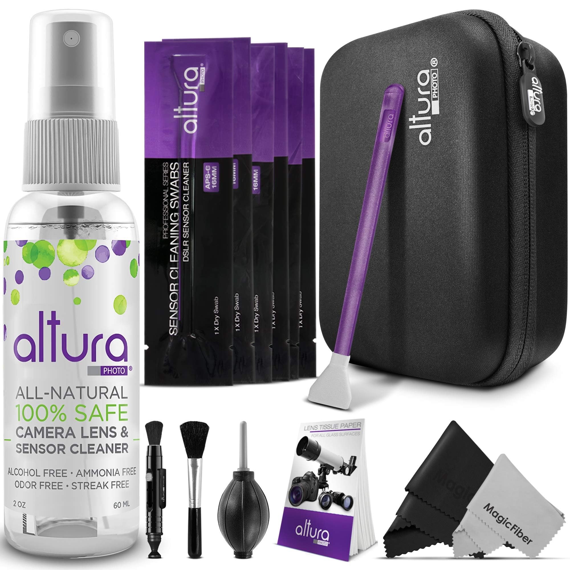 Altura Photo Camera Cleaning Kit - APS-C Lens & Sensor Cleaner with All-Natural Solution, 16mm Factory-Sealed Swabs, Pen, Blower, Brush, Cloths & Hard Case for Canon Nikon Sony DSLR Mirrorless