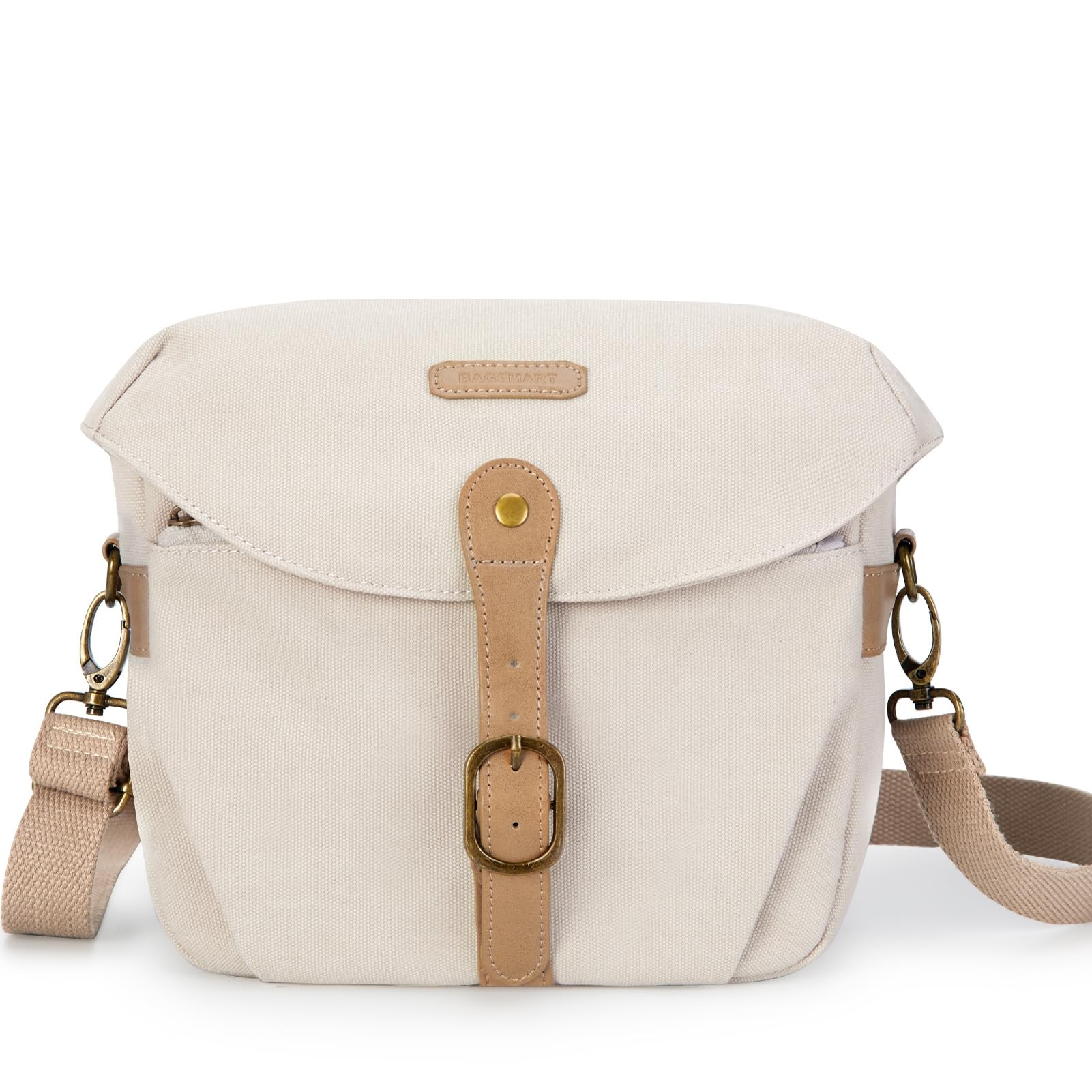 BAGSMART Camera Bag, SLR DSLR Canvas Crossbody Camera Case, Compact Camera Shoulder Bag with Rain Cover for Women and Men, Ivory White