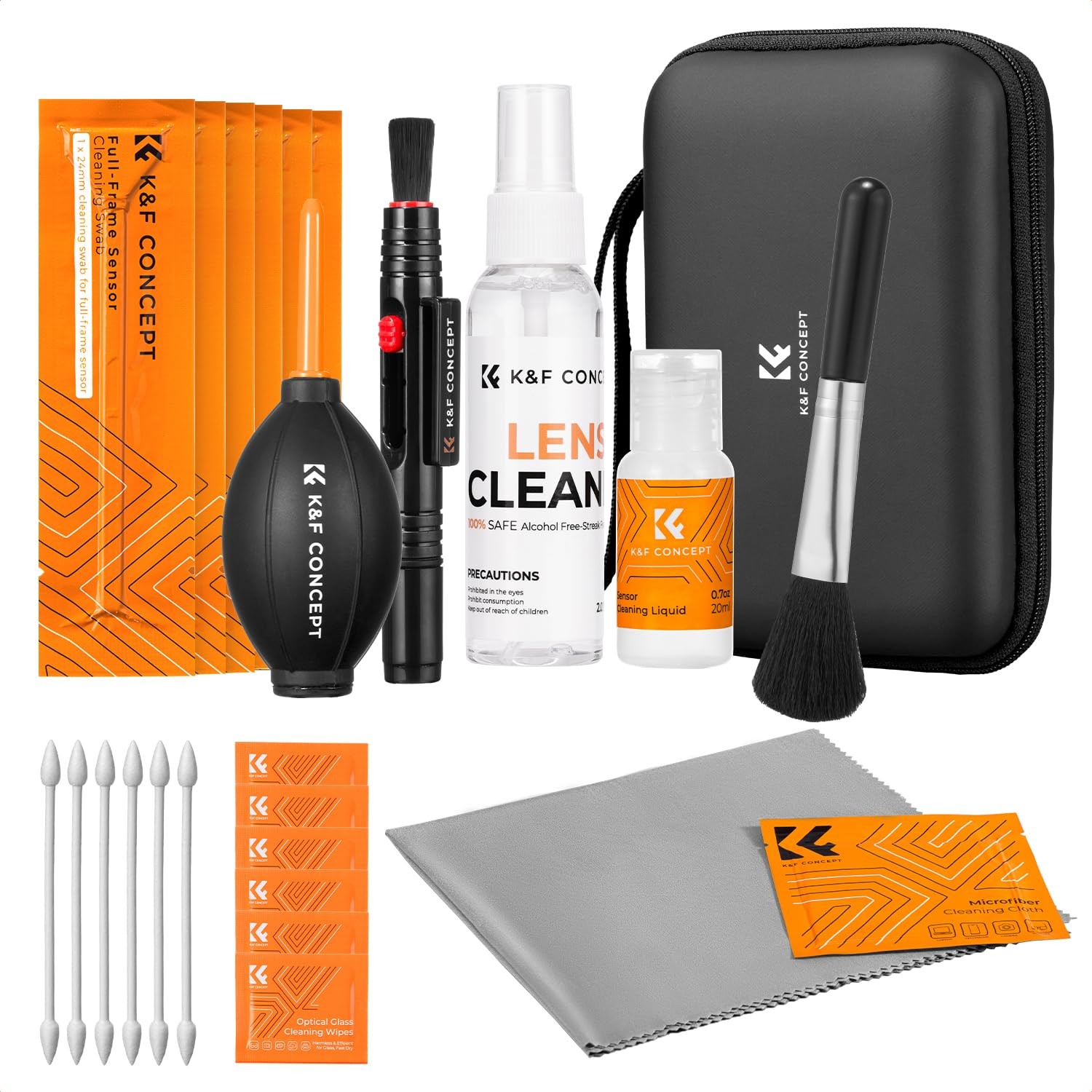 K&F CONCEPT 25-1 Professional Camera Cleaning Kit for DSLR Cameras with Full Frame Sensor Cleaning Swabs/60&20ML Lens Cleaner/Cleaning Wipes/Camera Blower/Lens Brush/Microfiber Cloths/Carrying Case