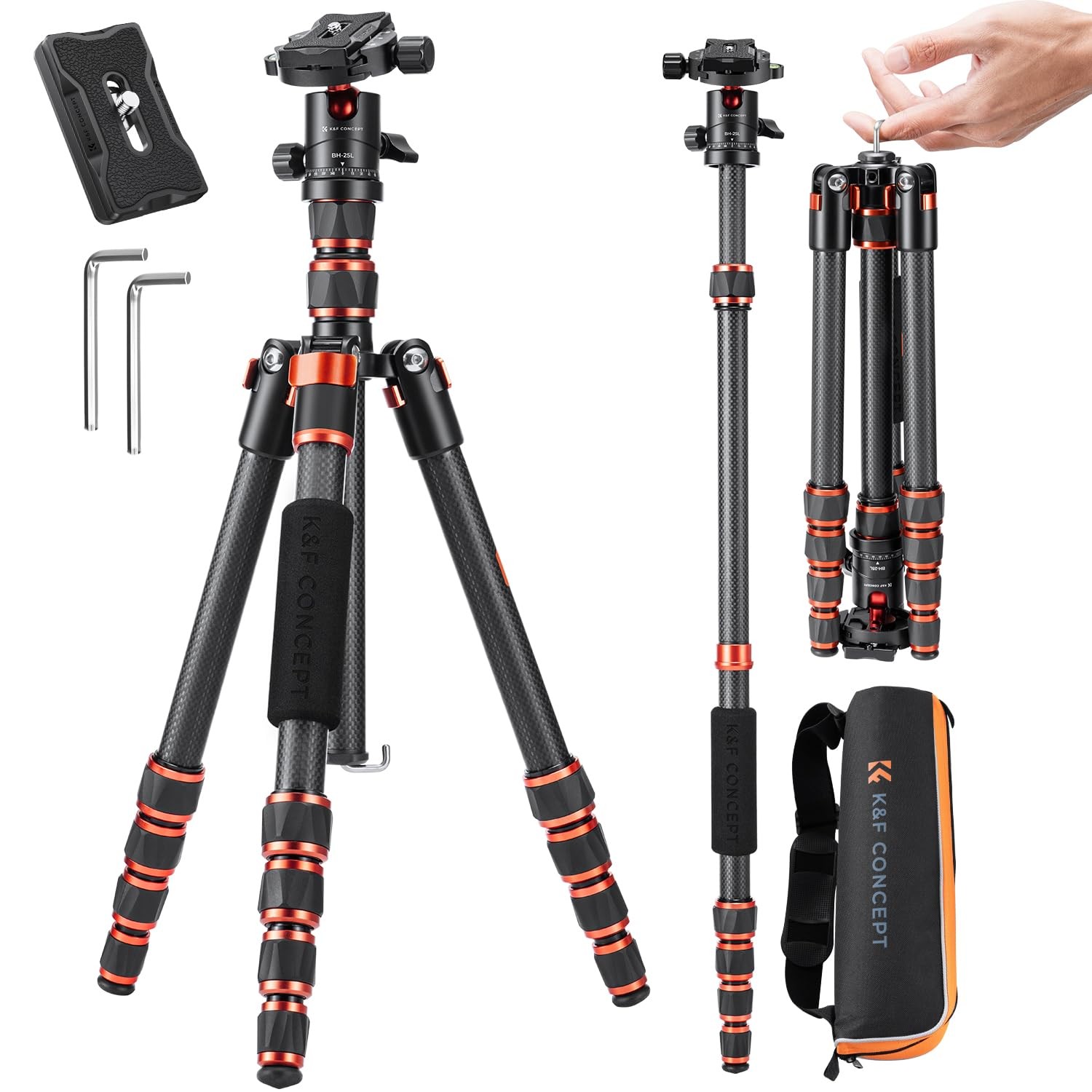 K&F CONCEPT 60 inch Carbon Fiber Camera Tripod,Super Lightweight Compact Travel Tripod with 360 Degree Ball Head,Quick Release Plate,Detachable Monopod 8KG Load Capacity for SLR DSLR C225C0 (BA225)