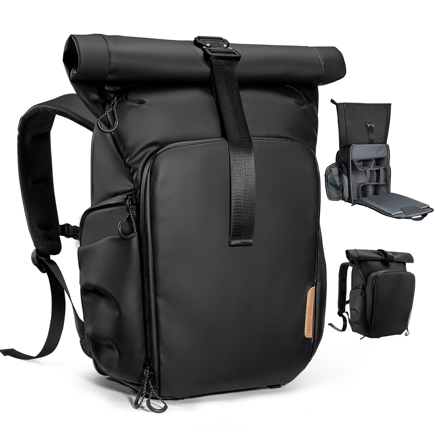 K&F CONCEPT Camera Backpack, Camera Bag with 15.6 Inch Laptop Compartment, Roll Top&Front Pocket Expandable Camera Backpack with Side Access for Photographers