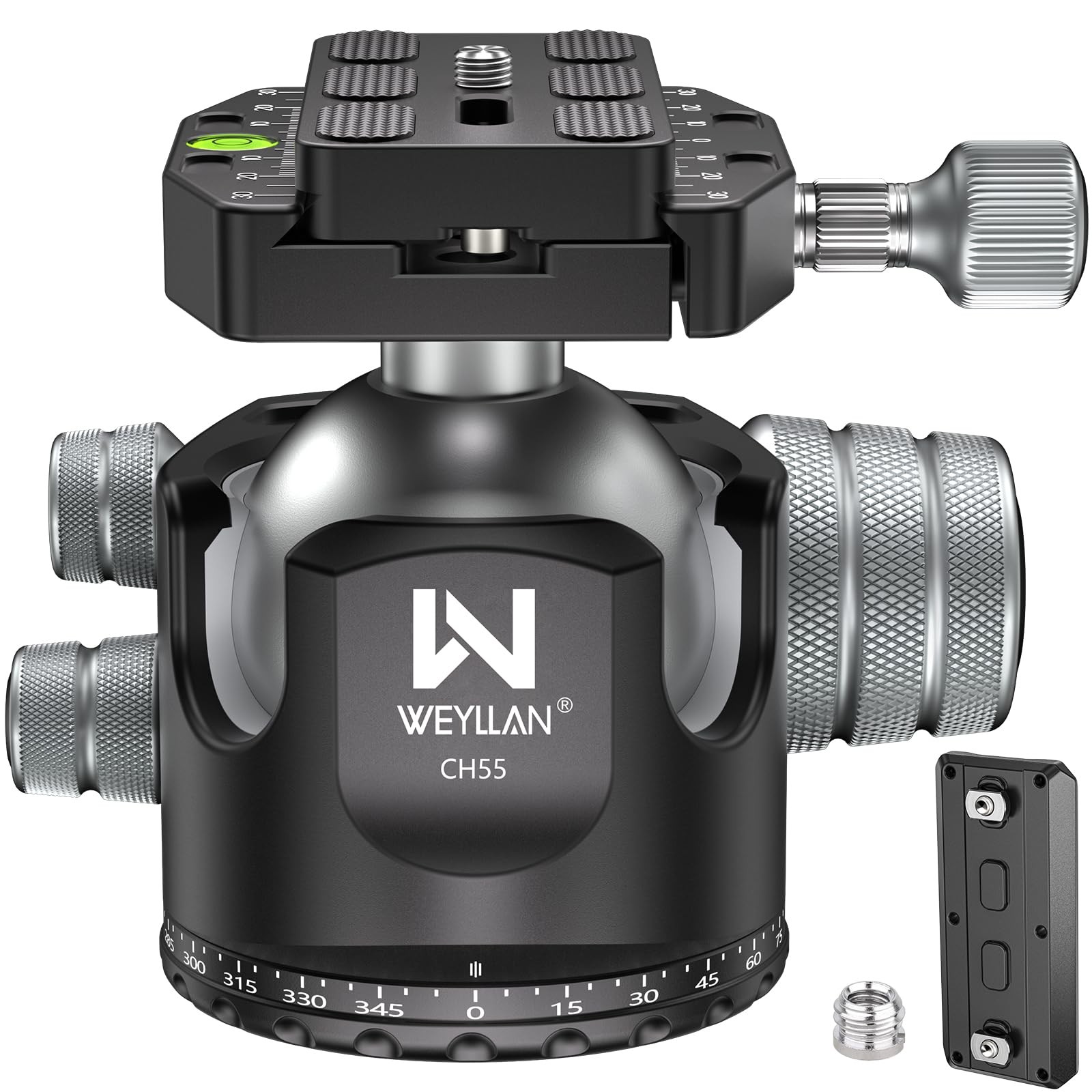 Low Profile Ball Head 55mm Tripod Ball Head Panoramic Tripod Head, CNC All Metal Tripod Camera Head for Tripods, WEYLLAN CH55 with Mlok Rail Arca Swiss Quick Release Plate, Max Load 88lbs/40kg