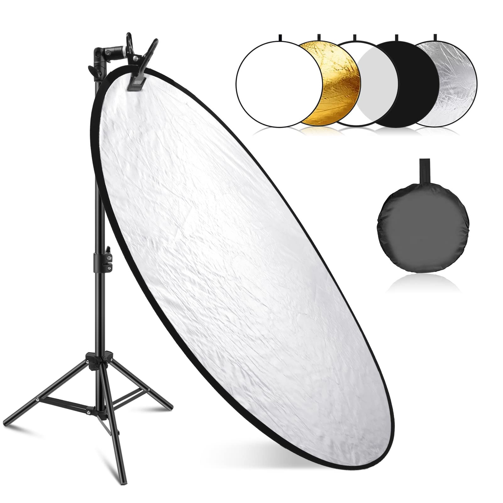 NEEWER 43"/110cm Light Reflector Kit, 5 in 1 Collapsible Round Reflector (Translucent/Silver/Gold/White/Black), Metal Clamp and 21"-43”/53-110cm Short Stand for Low Angle Studio Photography
