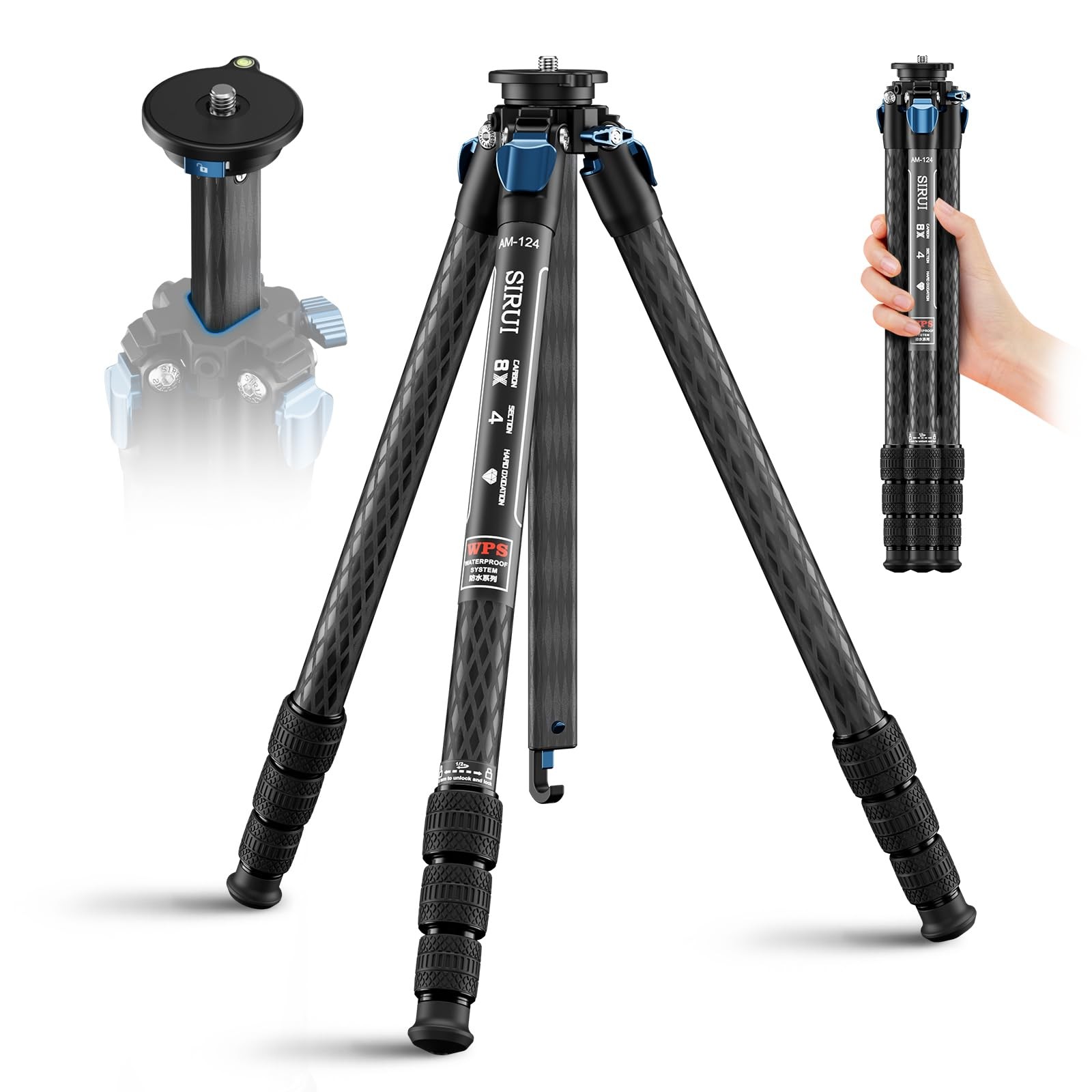 Sirui AM-124 Carbon Fiber Tripod with Triangular Center Column, 62.6" Compact Travel Tripod for Camera, 4 Sections, Waterproof Twist Lock, Load 26.5lbs