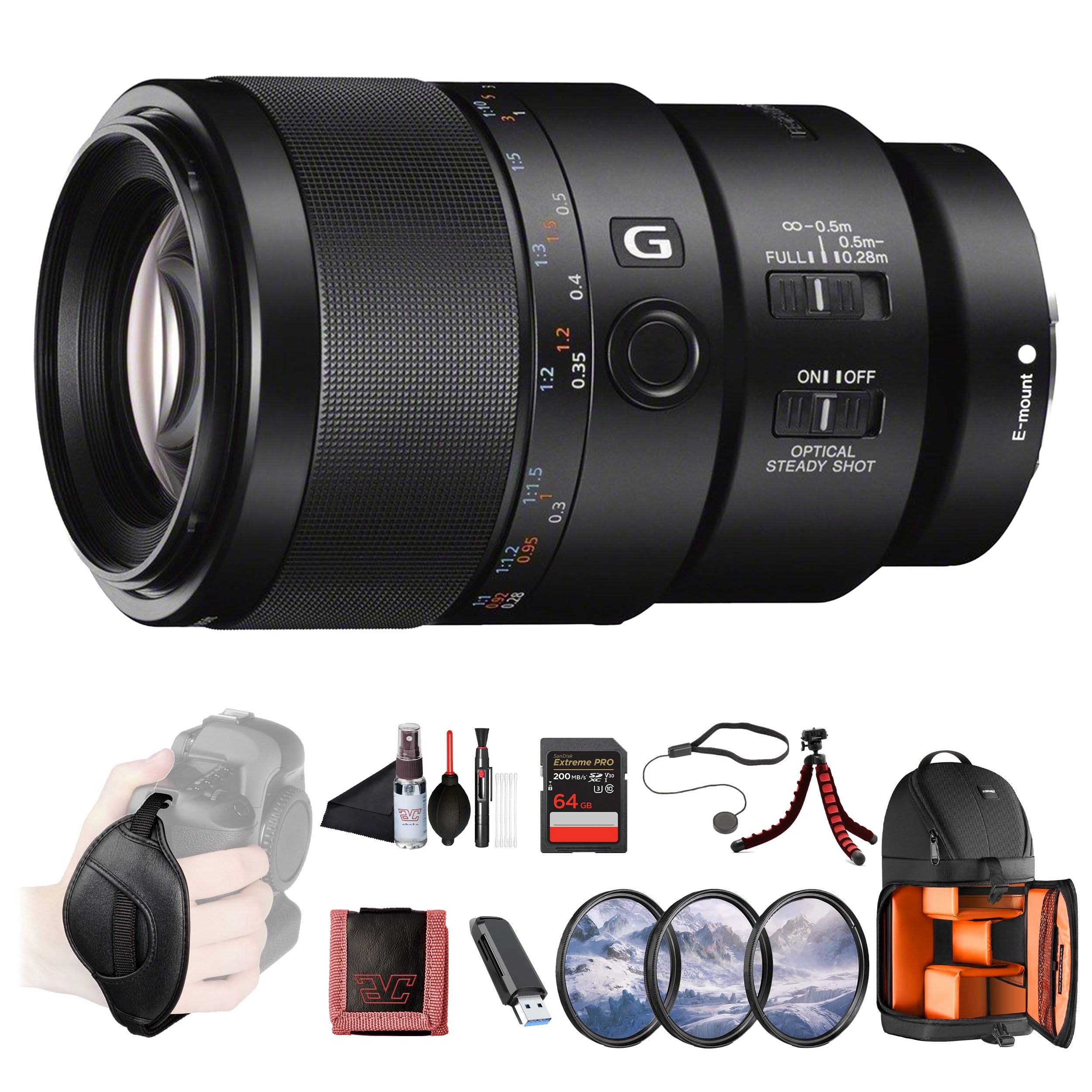 Sony FE 90mm F2.8 Macro G OSS Lens (SEL90M28G) – Full-Frame E-Mount | 1:1 Magnification | Optical SteadyShot |Filter Kit, Backpack, 64GB Card, Card Reader, Flex Tripod, Memory Card Wallet and More