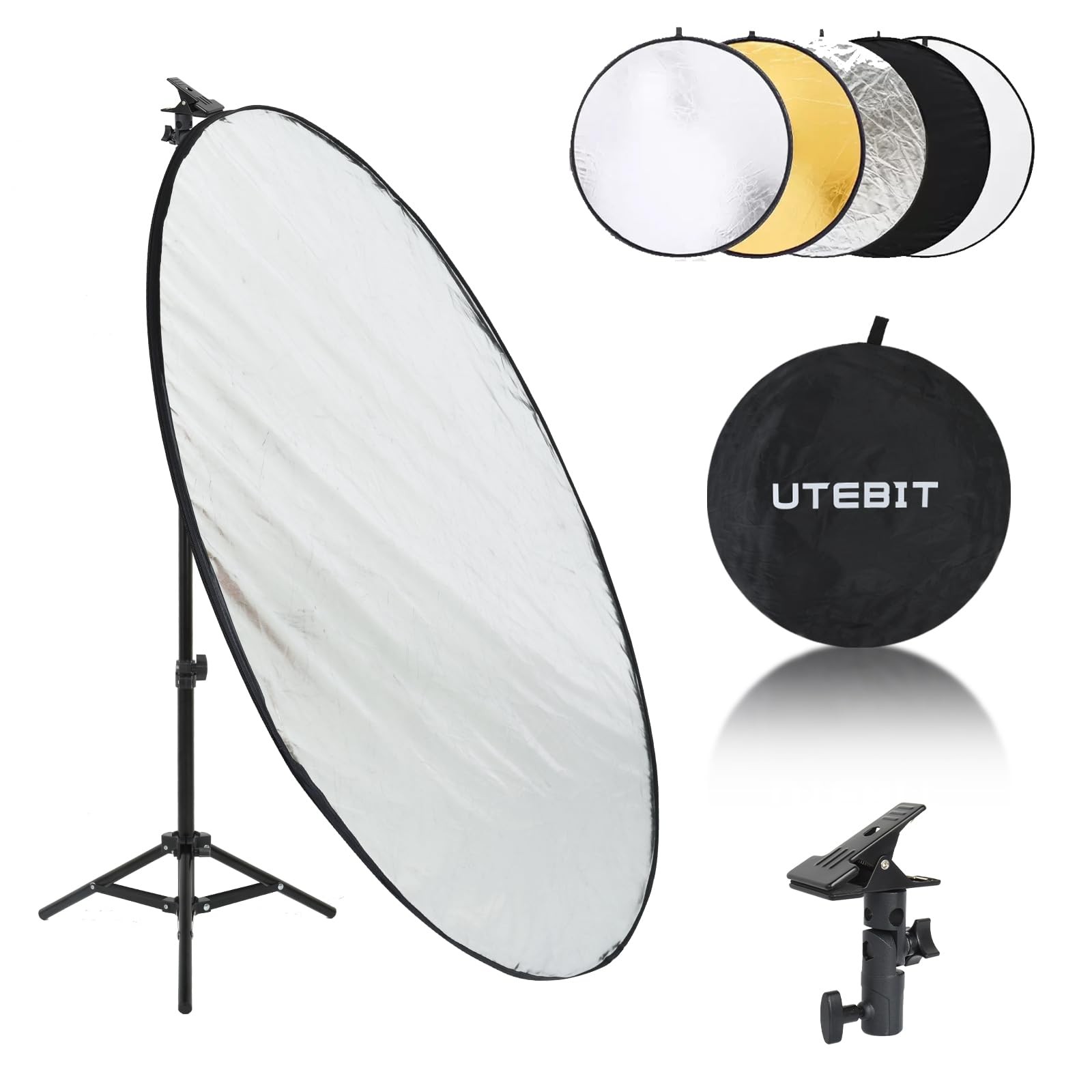 UTEBIT 43"/110cm Photography Reflector with Stand & Clamp, Collapsible Light Reflector with Bag 5 in 1 Multi Disc Translucent/Silver/Gold/White/Black Photography Reflector for Studio&Outdoor Lighting